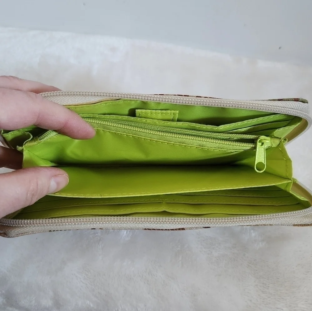 Lily Bloom Forest Owl Fox Porcupine Tan Green Zip Around Wallet